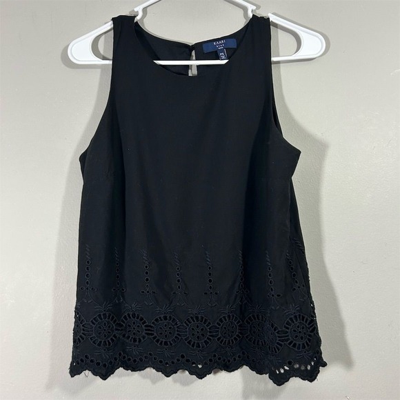 Kaari Blue Petite‎ Black Sleeveless Blouse with Eyelet Trim Size Small Solid - Picture 1 of 6
